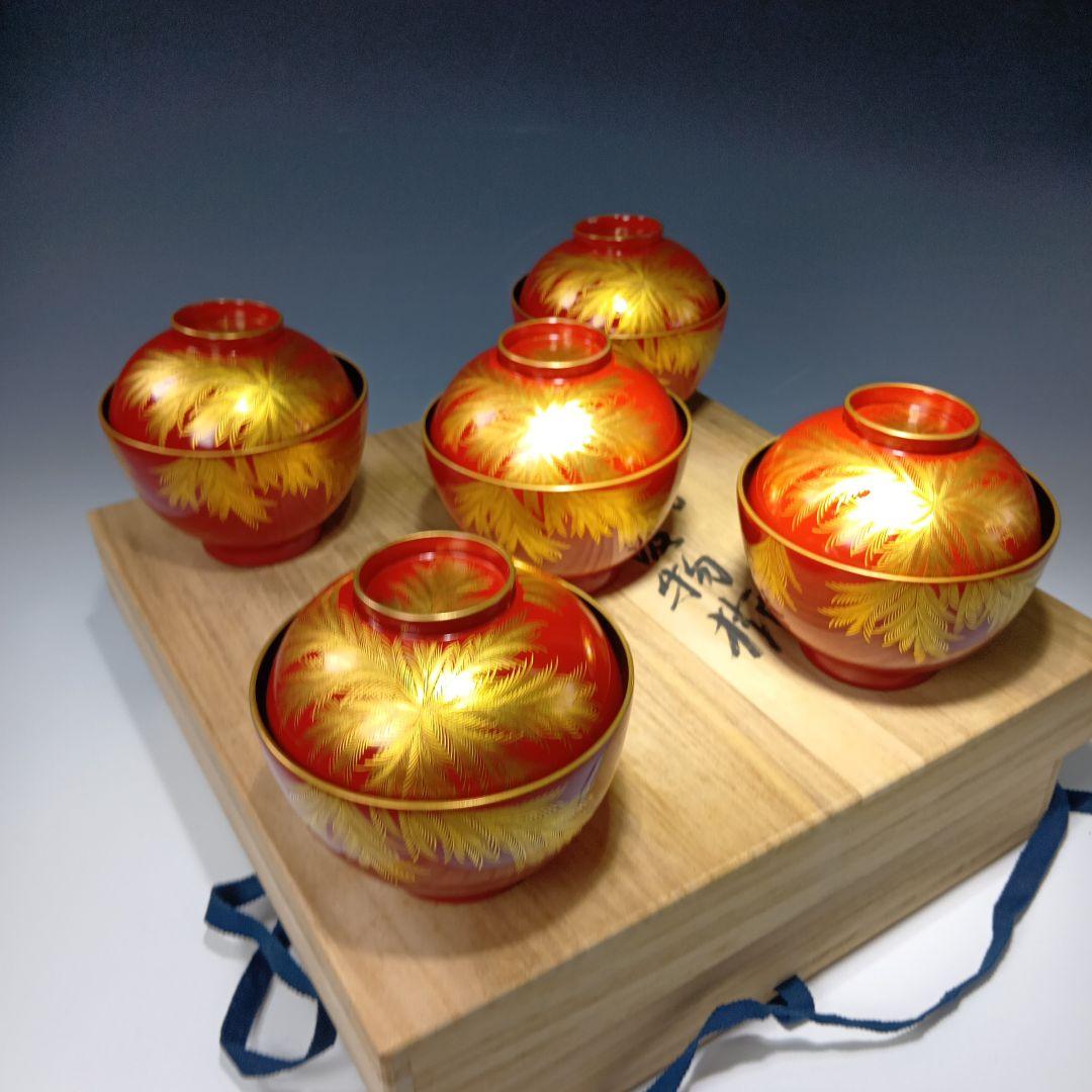 輪島塗　蒔絵沈金塗　吸物椀五客　共箱　 美品