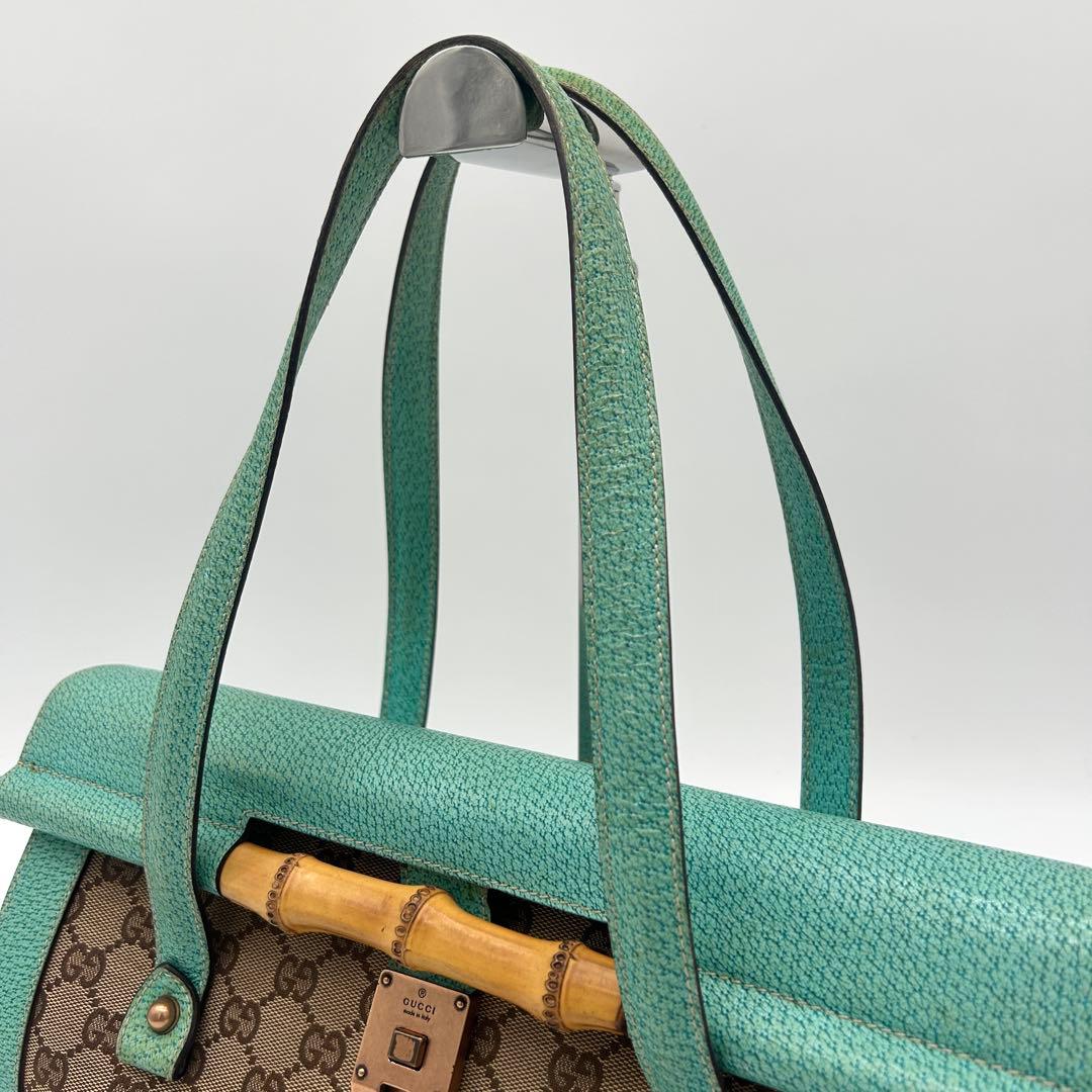 【美品】グッチ バンブー ショルダーバッグ GGキャンバス レザー ターコイズ