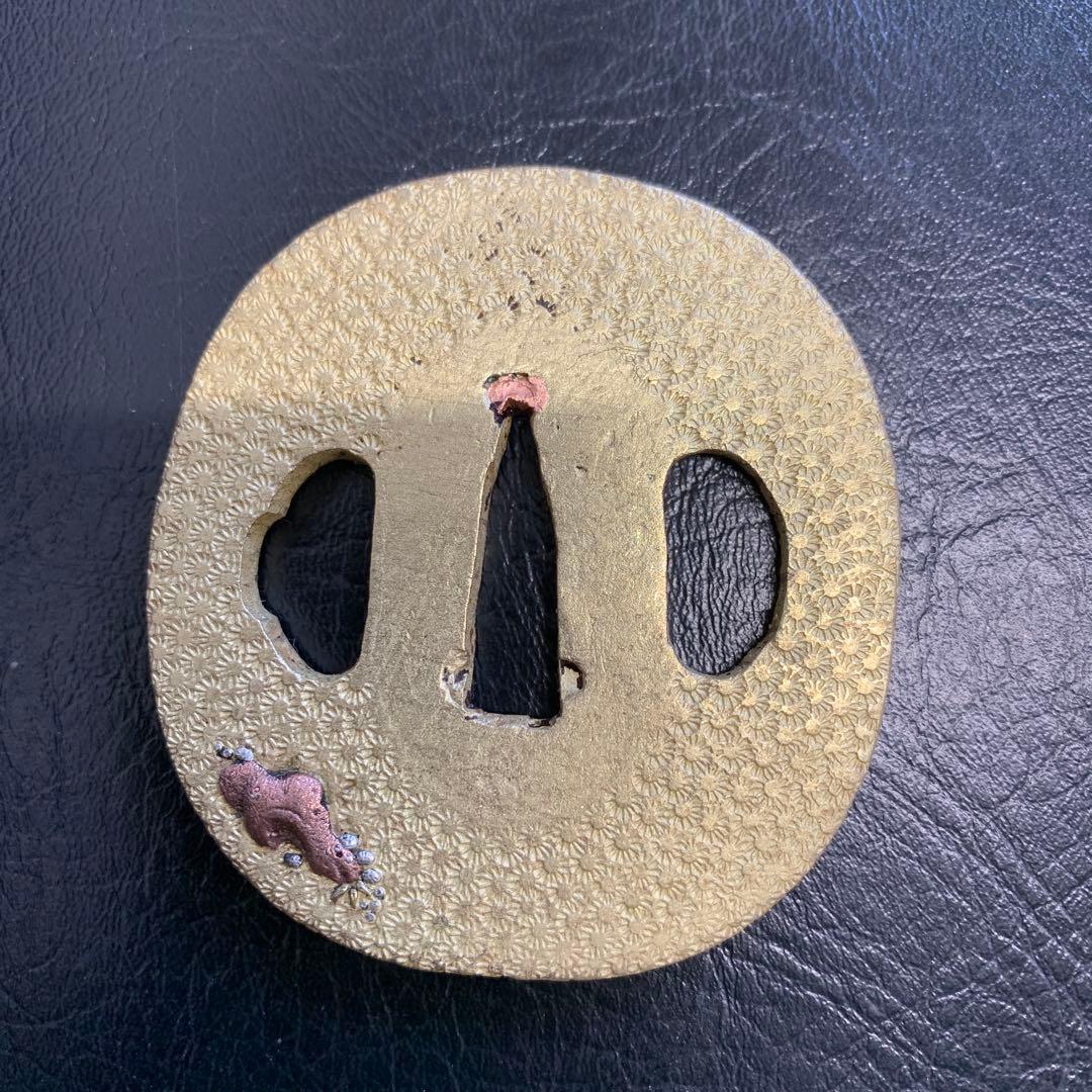 鍔　材質唐金　真鍮製　時代物　在銘　安信作