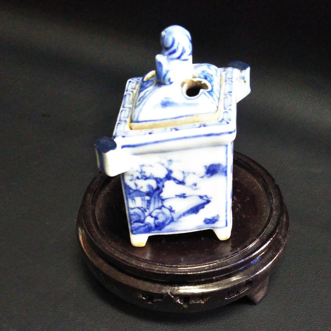 古美術/染付け山水獅子蓋四方香炉(底款:道八)