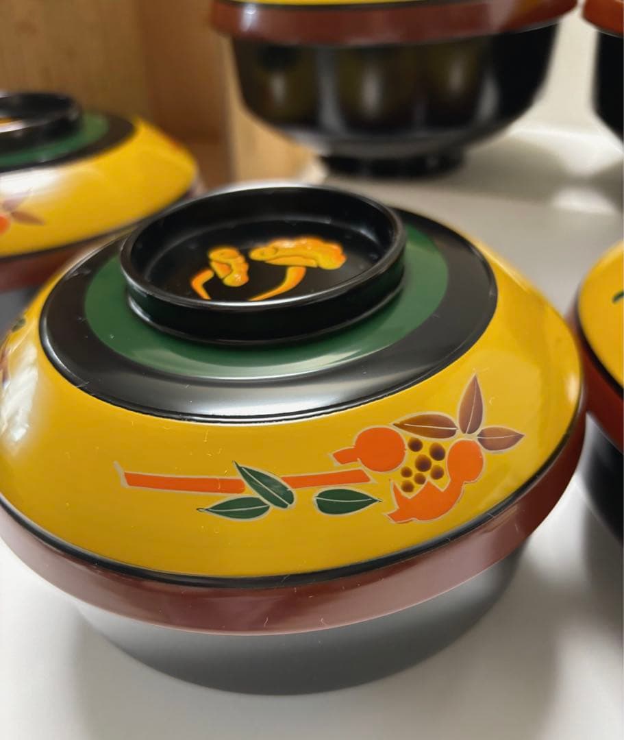 木製漆器　山人艸果蒔絵　煮物椀　山中塗　蓋付煮物椀五客揃い　アンティーク高級漆器