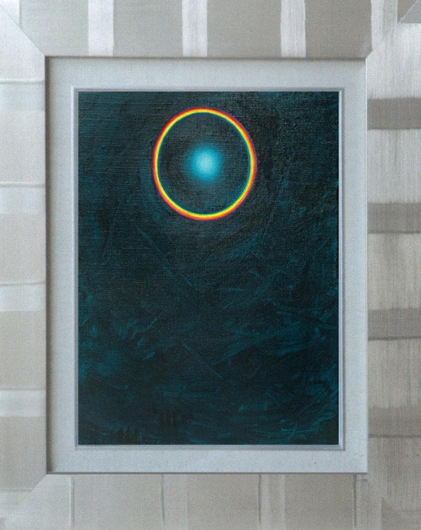 油絵 菅家令子 絵画インテリア額付(青緑＋金色の枠)F3-GB62023祈り希望