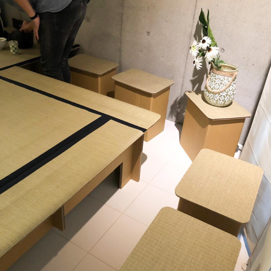 組み立て式 立礼棚（有圓卓）段ボールタイプ 炉/風炉畳2種付属、茶会