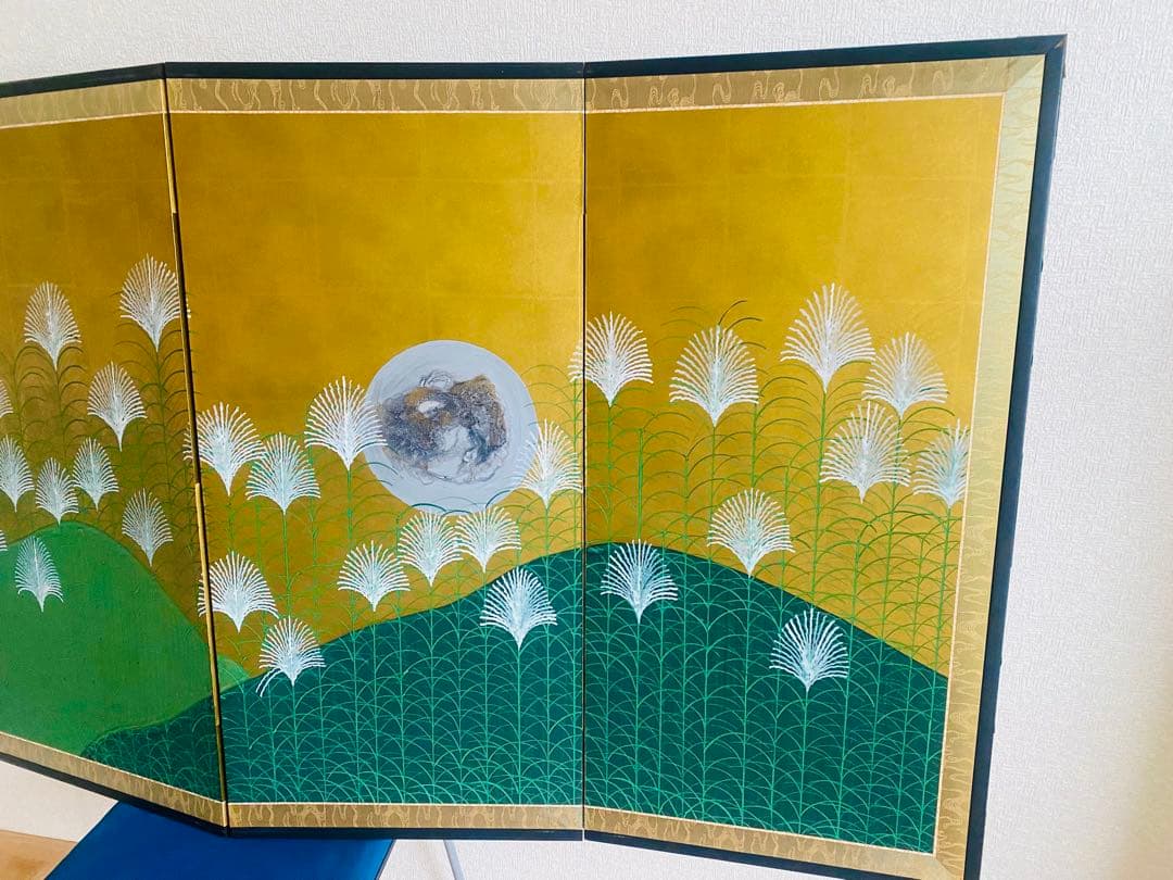 日本画 草花模様 金色背景 160cm