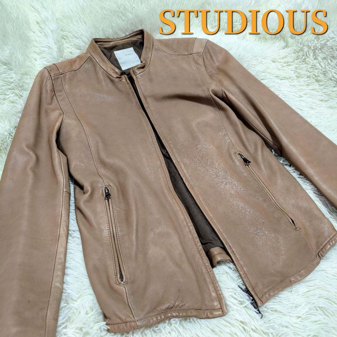 STUDIOUS レザージャケット ノーカラー シングルライダース 羊革 3