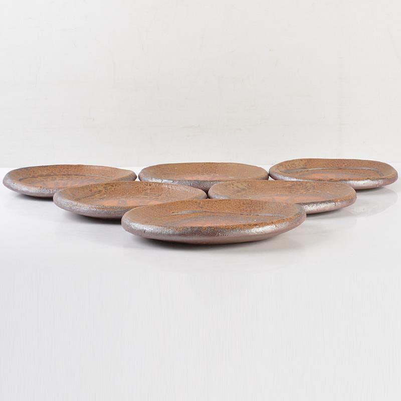 和食器　備前焼　稲荷作　たたき　丸皿　六客　共箱　M　R7178