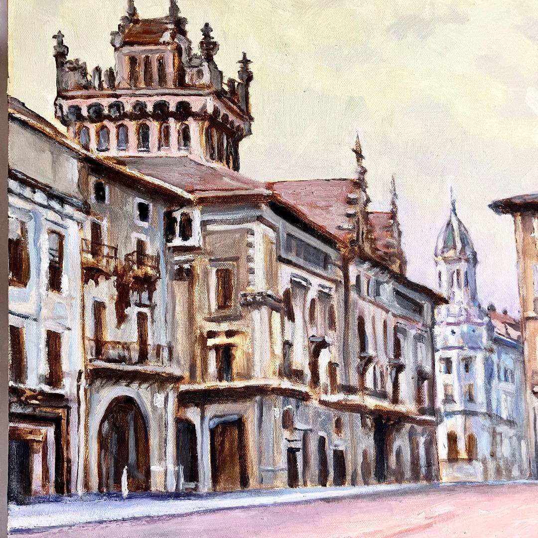 ヨーロッパの街角-F10 油彩 キャンバス 額装 作者不明・希少