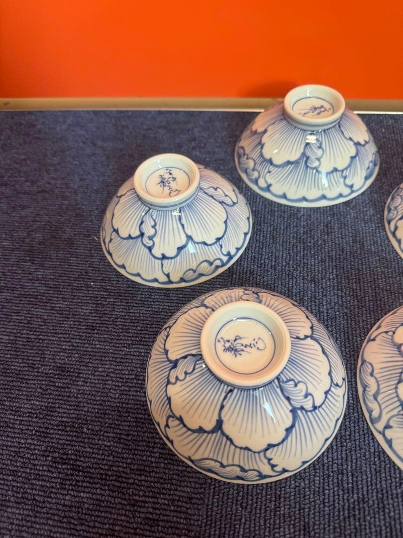 1968 三川内焼 嘉久正窯 手描き 牡丹 輪花小鉢 5客 未使用