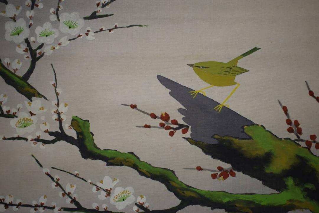 真作/春秋/紅白梅鴬図/鶯/花鳥図/布袋屋掛軸HJ-963