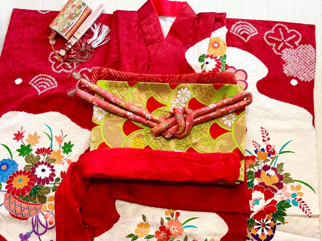 七五三　7歳　正絹　絞り　着物　フルセット　赤