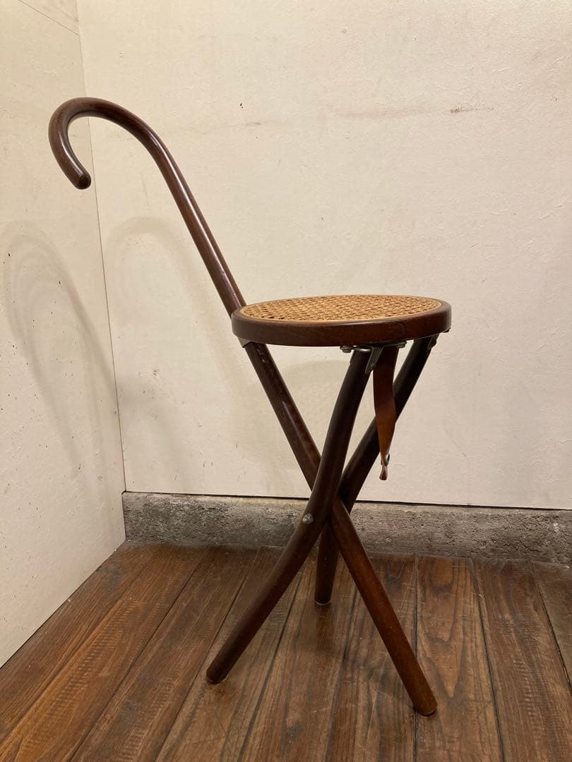 希少 秋田木工 折り畳み ステッキチェア 曲木椅子 籐張 ヴィンテージ 古道具