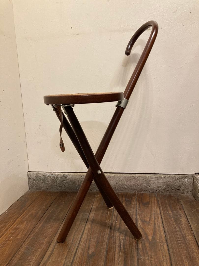 希少 秋田木工 折り畳み ステッキチェア 曲木椅子 籐張 ヴィンテージ 古道具