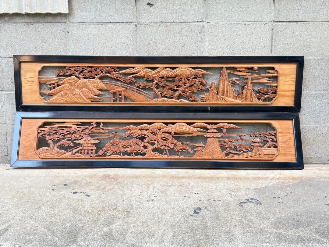 送料込み】希少☆欄間 2点セット 建具 木彫り彫刻 日本伝統工芸品 松