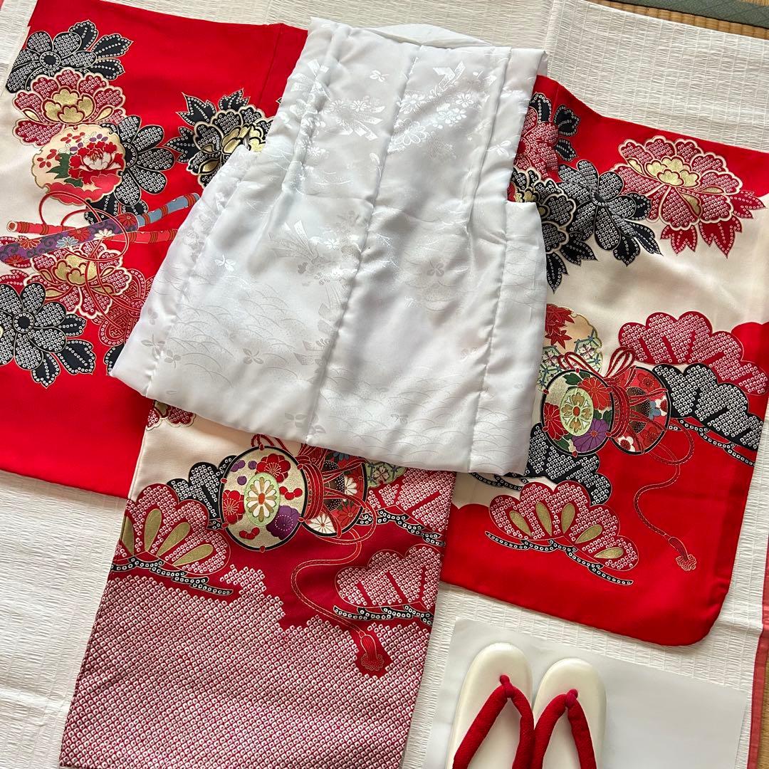 七五三 3歳 着物 753 絹 絞り柄 被布 三歳 赤 草履 金彩 女の子着物