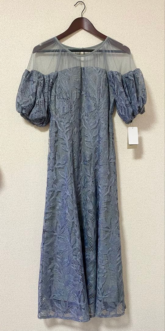 新品 LE´RURE パフスリーブレースドレス ワンピース M グレー 結婚式