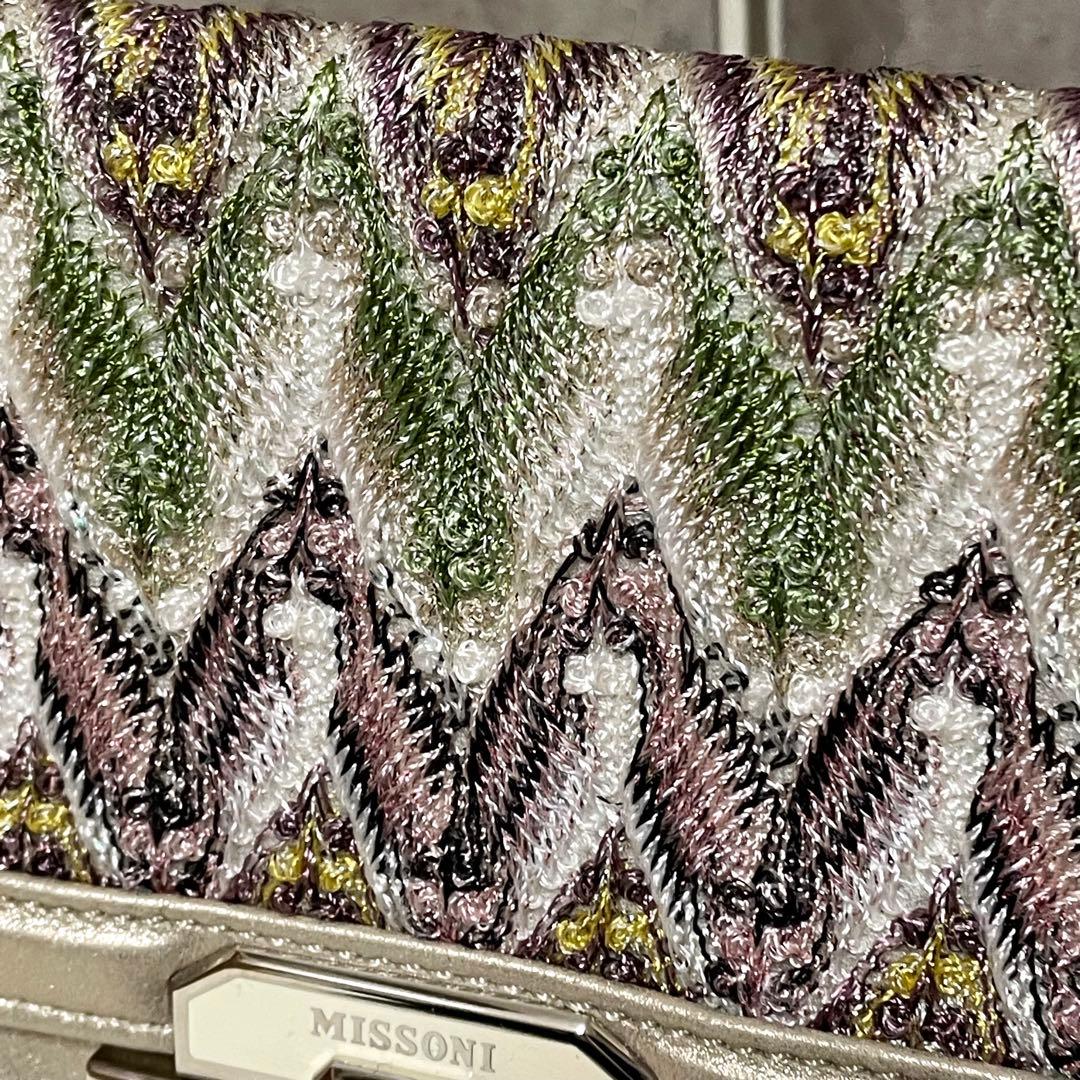 美品 ミッソーニ チェーンショルダーバッグ ジグザグ ジャガード フラップ 金色