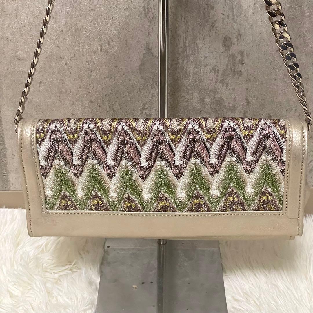 美品 ミッソーニ チェーンショルダーバッグ ジグザグ ジャガード フラップ 金色