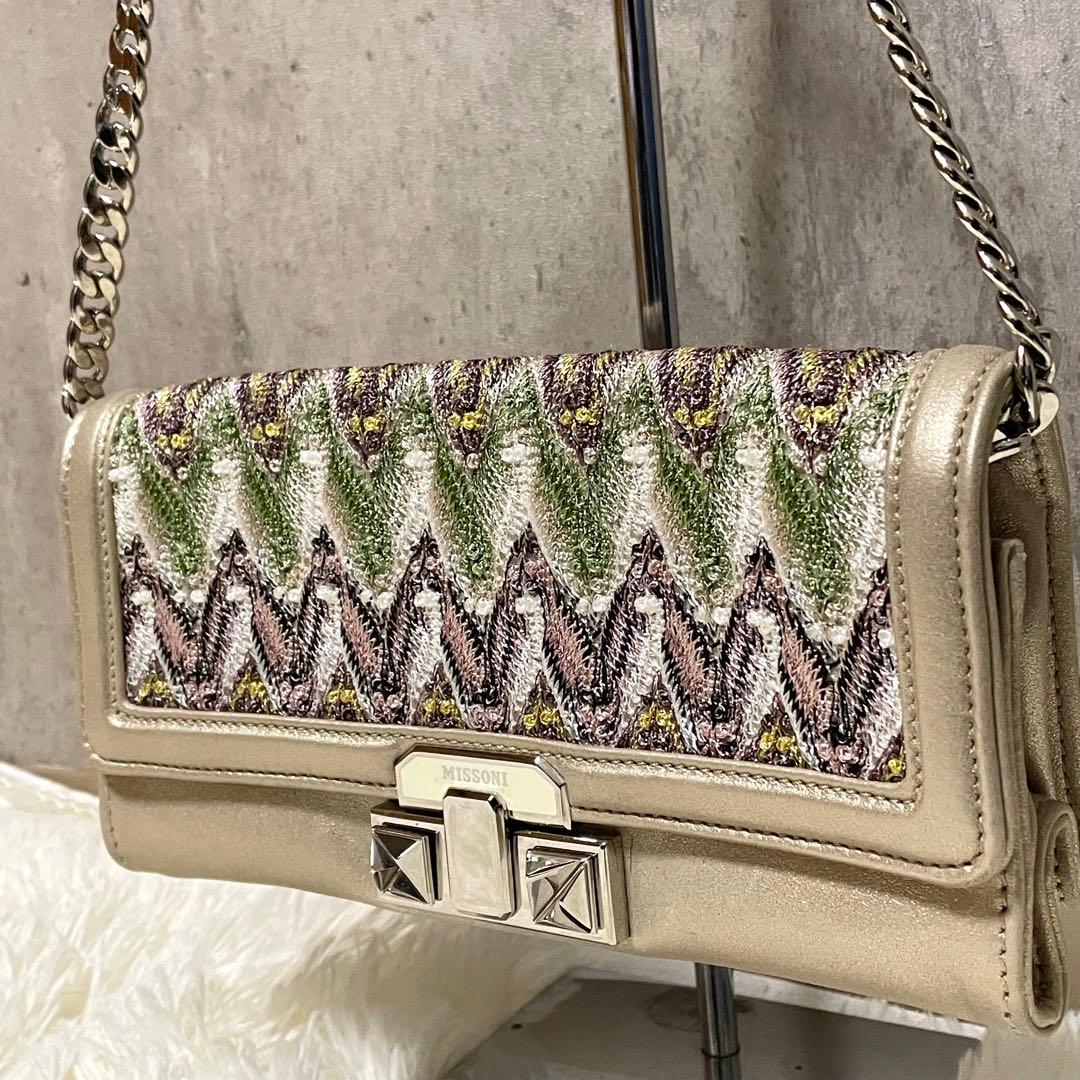 美品 ミッソーニ チェーンショルダーバッグ ジグザグ ジャガード フラップ 金色