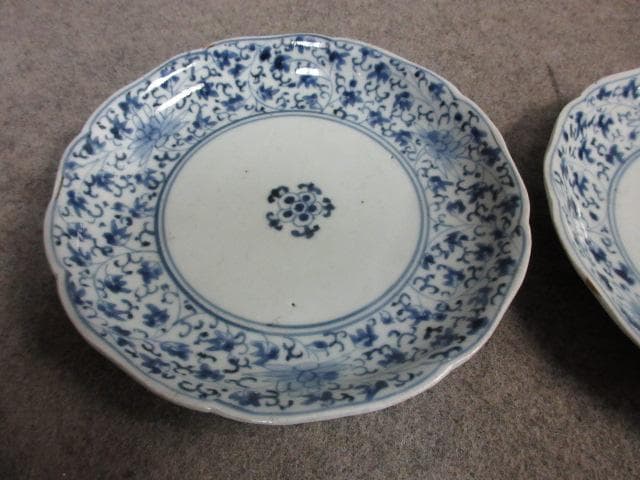 古伊万里 渦福 みじん唐草 染付 中皿 2枚 [B31415]
