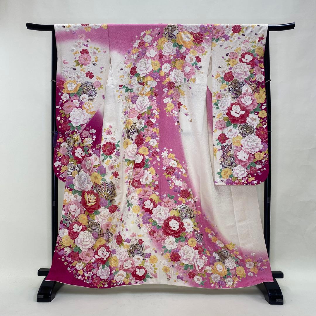 振袖 中古 正絹 美品 花柄 L サイズ 赤 水色 ピンク 成人式 古典 裄