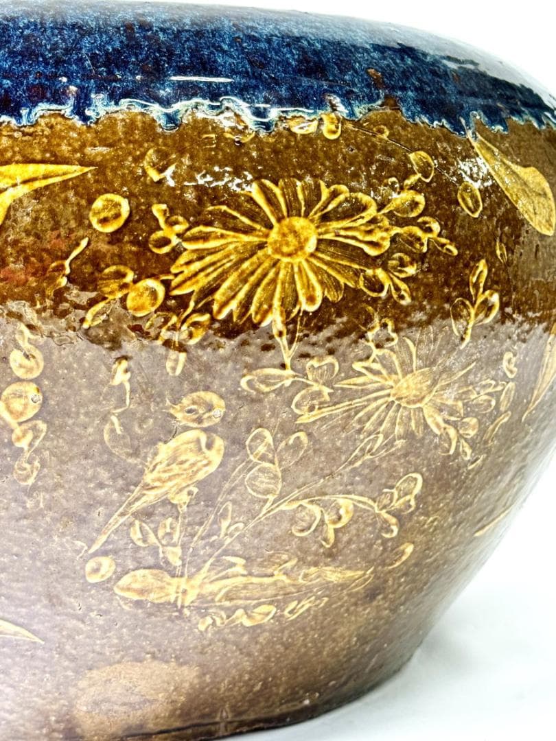 清時代 乾隆・嘉慶年間葛明祥造特注品 海鼠釉黄釉花鳥文火鉢 特大