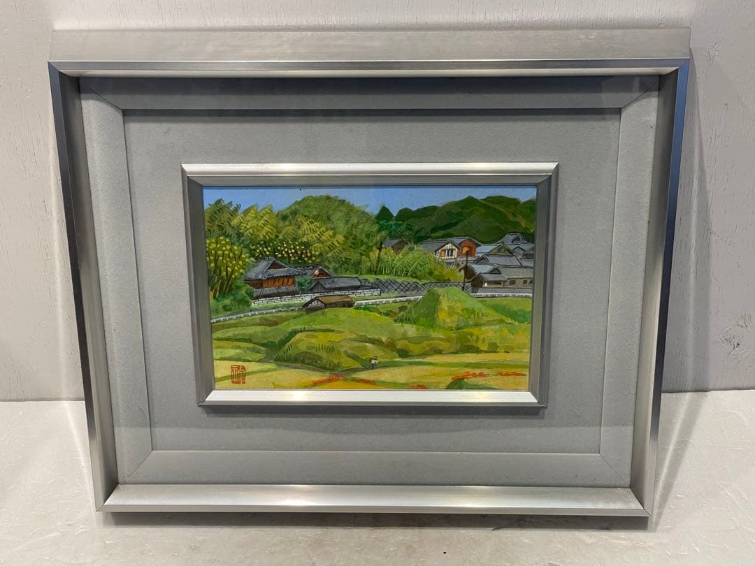 額縁付き日本田舎風景画 水彩画