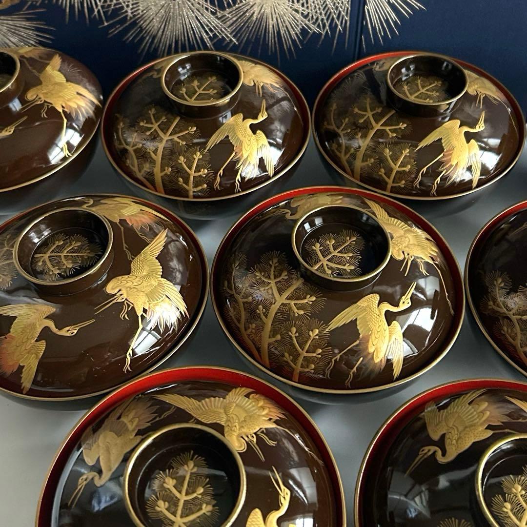 輪島塗　天然木製　松鶴模様 金蒔絵　蓋付き椀 吸物椀　10個セット