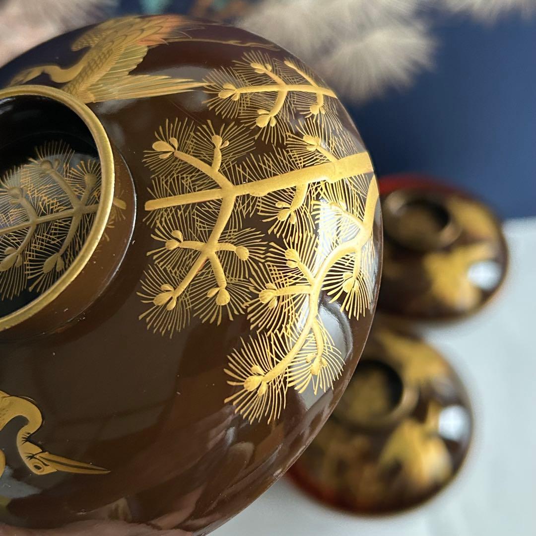 輪島塗　天然木製　松鶴模様 金蒔絵　蓋付き椀 吸物椀　10個セット