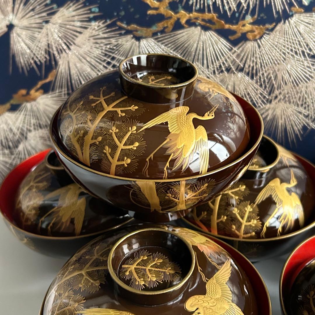 輪島塗　天然木製　松鶴模様 金蒔絵　蓋付き椀 吸物椀　10個セット