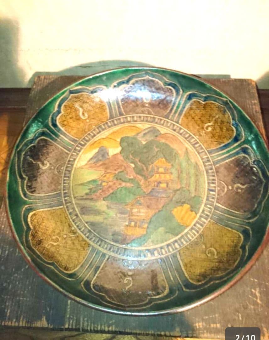 古九谷焼 角福 吉田屋 青手色絵山水大皿～ 希少年代物