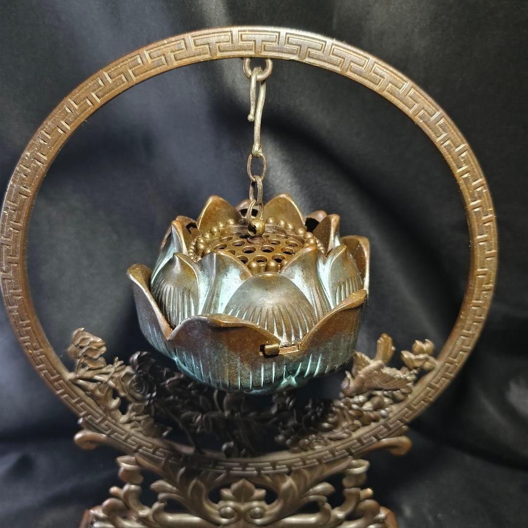 香道具 吊香炉 蓮炉花鳥文 高岡銅器 引出し付 骨董 旧家蔵出し美