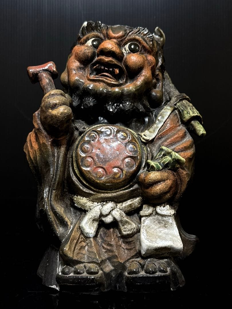 名人 三平 造 陶製 極上彩色手捻 鬼の寒念仏 大津絵 置物