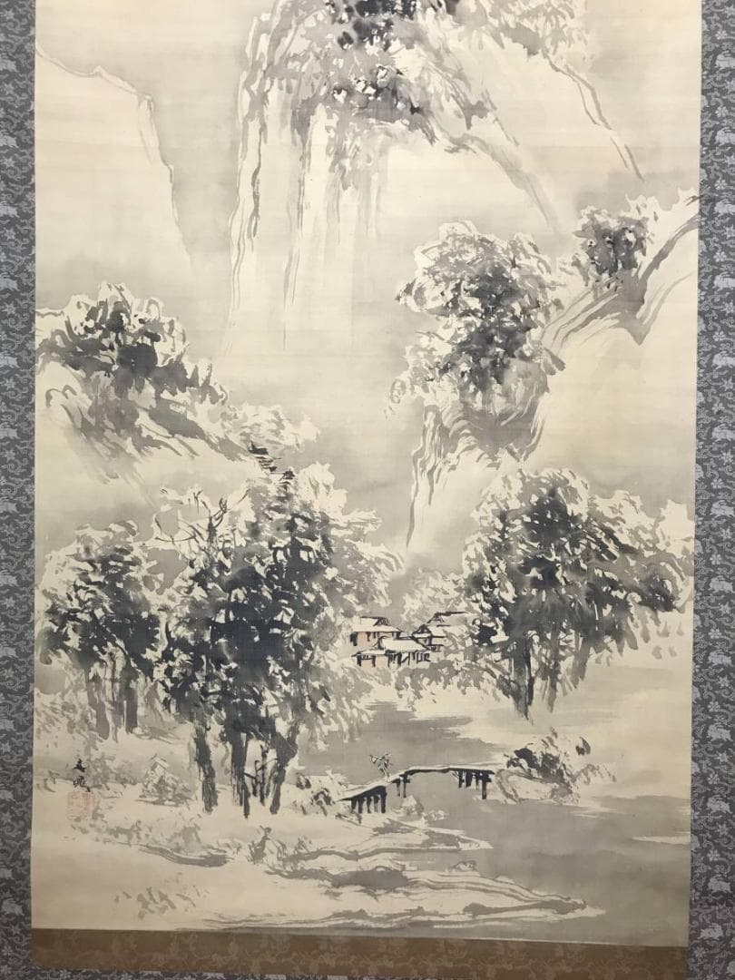 【模写】谷文晁/雪景山村図/山水図/訪友図/大幅/掛軸/名家伝来/AC-286