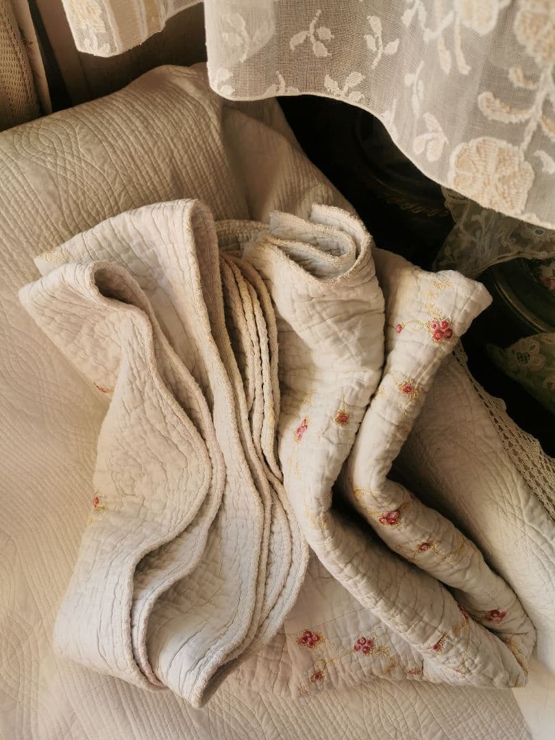 ヴィンテージ フランス/イギリス プチローズ刺繍 スカラップリム