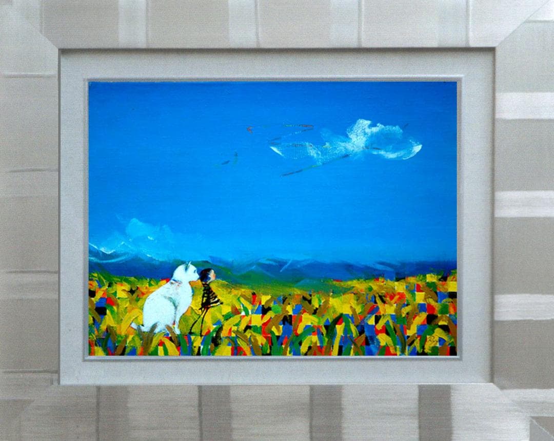 油絵 菅家令子 絵 絵画インテリア額付(黒) F4-072119 子犬猫と女の子