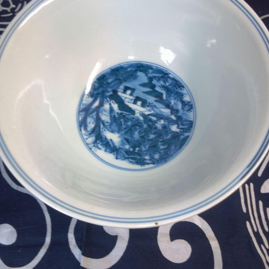 骨董２ 青い風景画の陶器ボウル