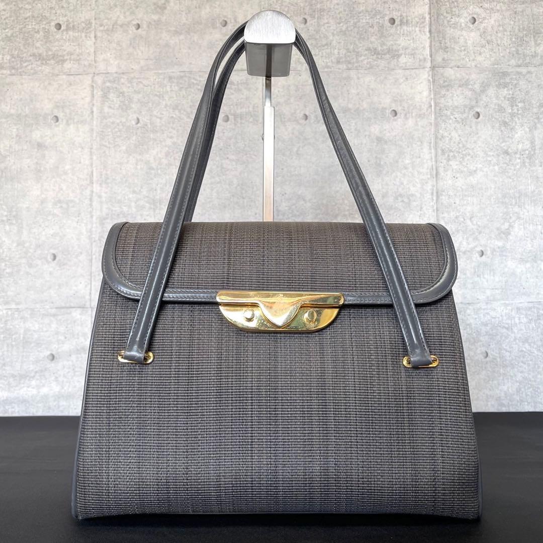 【COMTESSE】ホースヘア×レザー ダークグレー ゴールド金具 ハンドバッグ