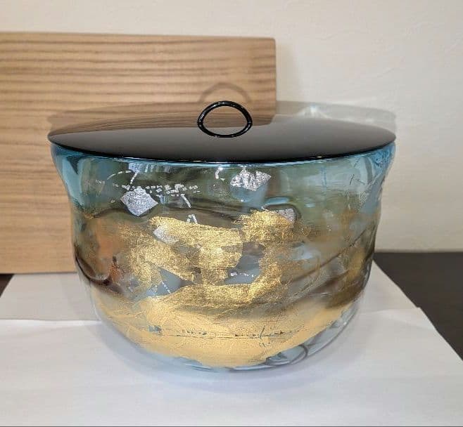 中尾羊古』ガラス水指 茶道具 共箱 金ギヤマン義山 アトリエ羊古