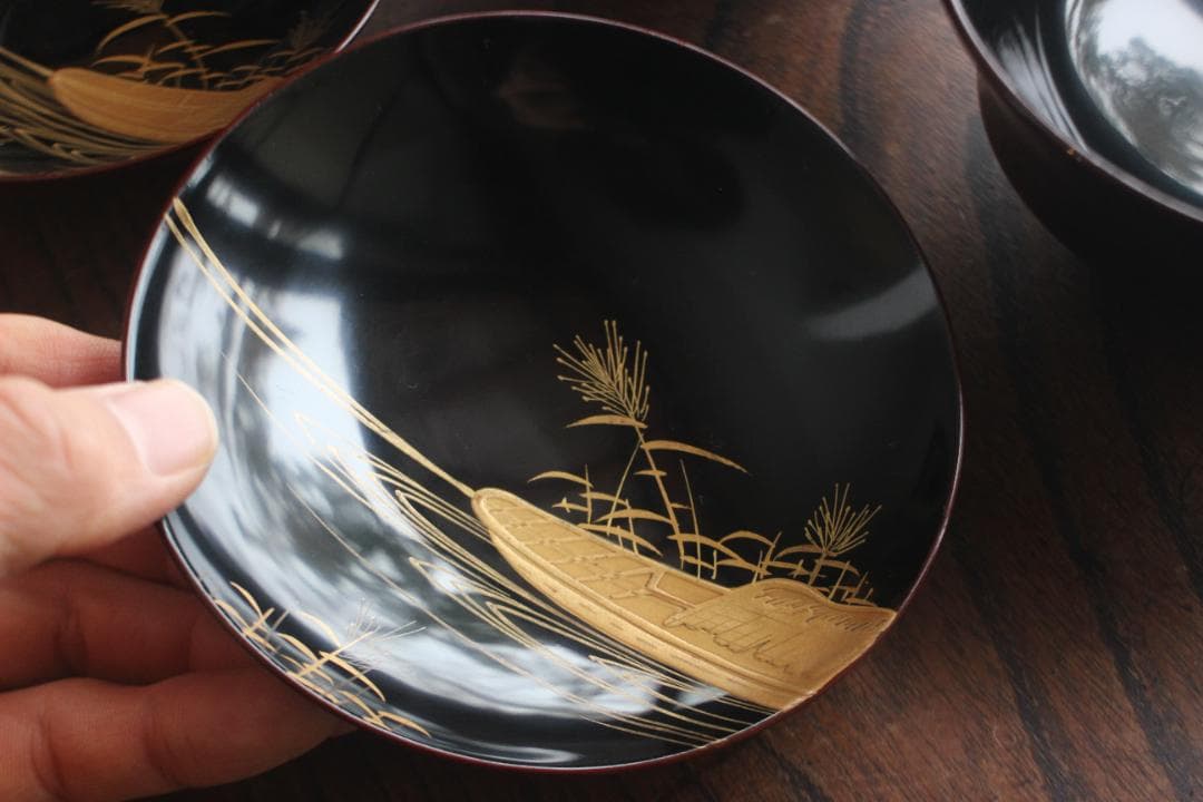 小傷有！時代溜塗に風情ある引網蒔絵の映えるお椀2点（検輪島塗懐石椀