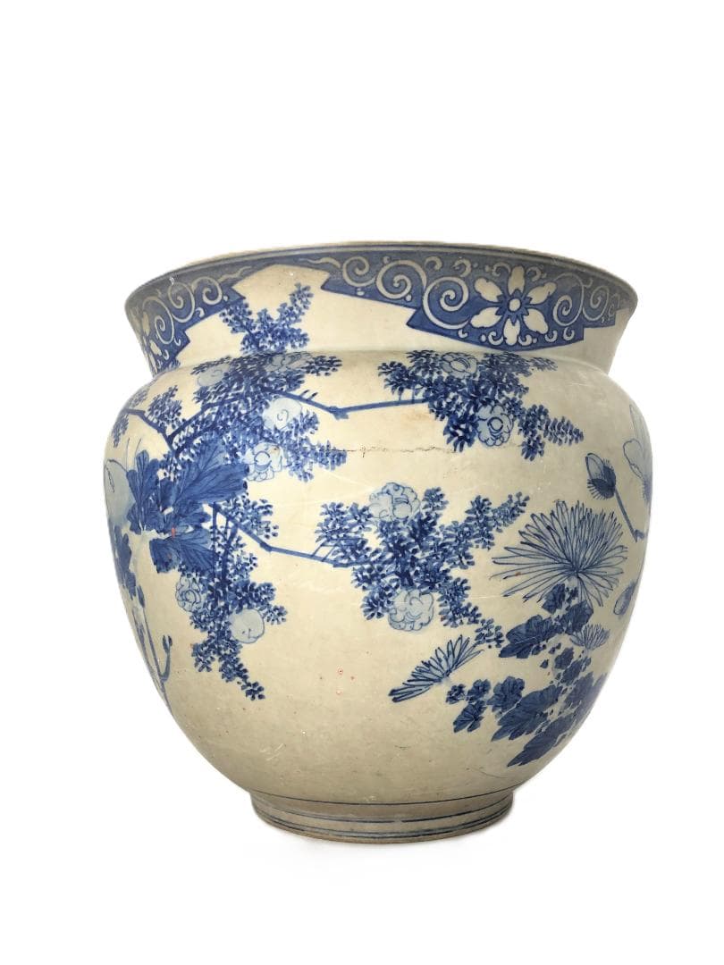 瀬戸染付草花文水鉢 】 目跡10個 江戸期瀬戸焼