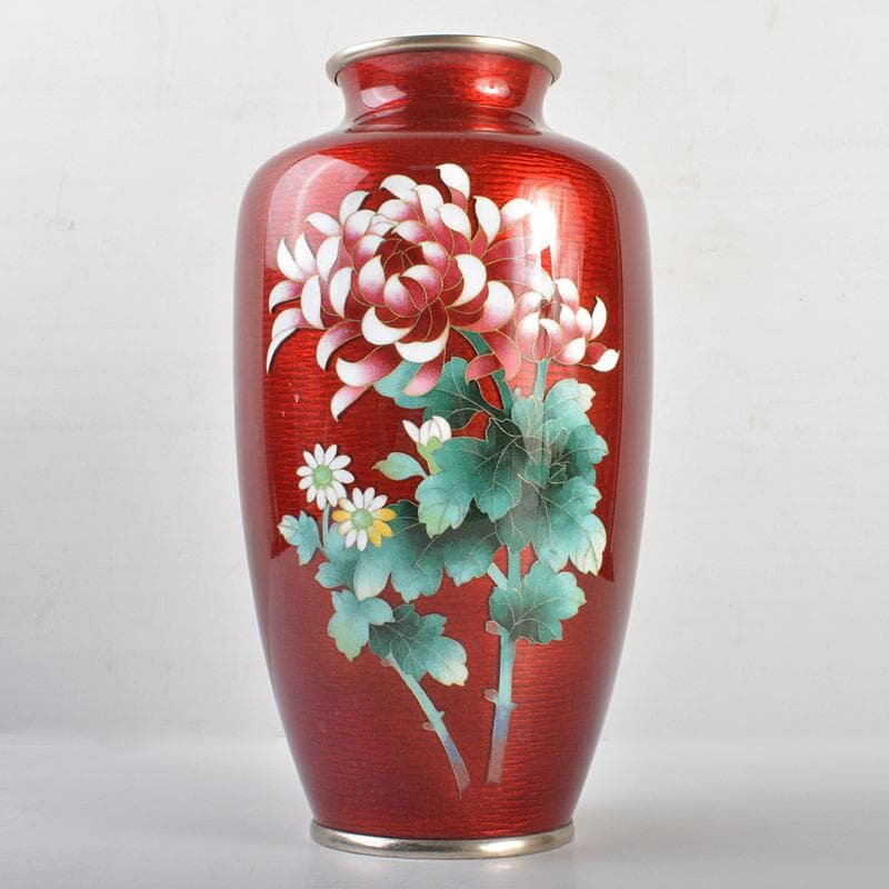 七宝焼　安藤七宝店　透釉　菊文　花瓶　V　R6959