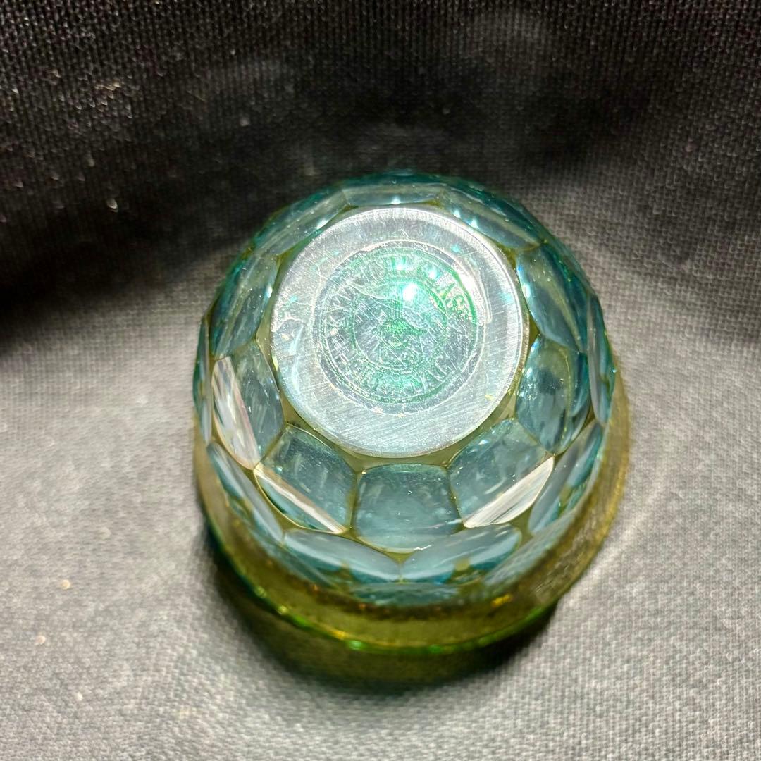 コアガラス小暮紀一冷酒杯レース文様青ぐい呑おちょこトンボ玉