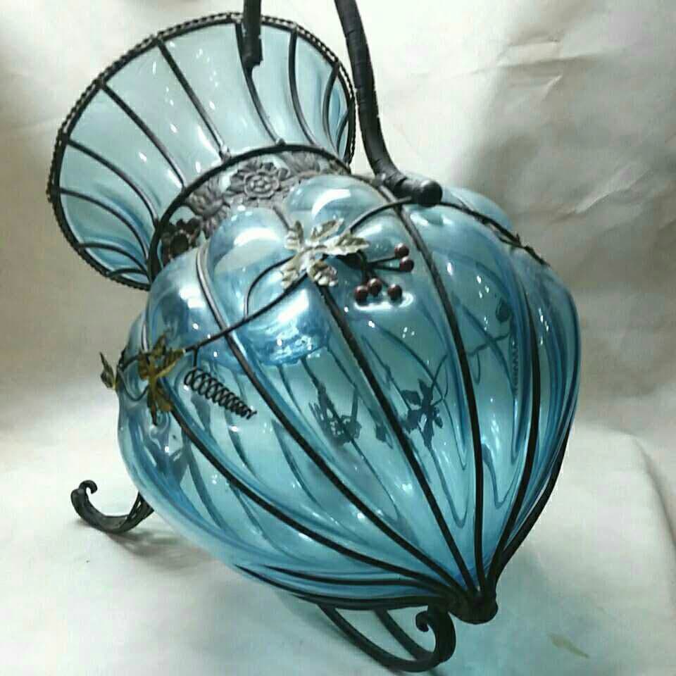 ☆大きなベネチアン アイアン 手吹き ガラス 花器 アンティーク プランター