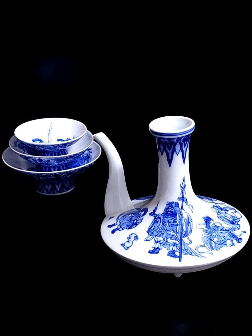 宮内庁御用達 十四代 辻常陸 作 染付七福神文 直燗揃 酒