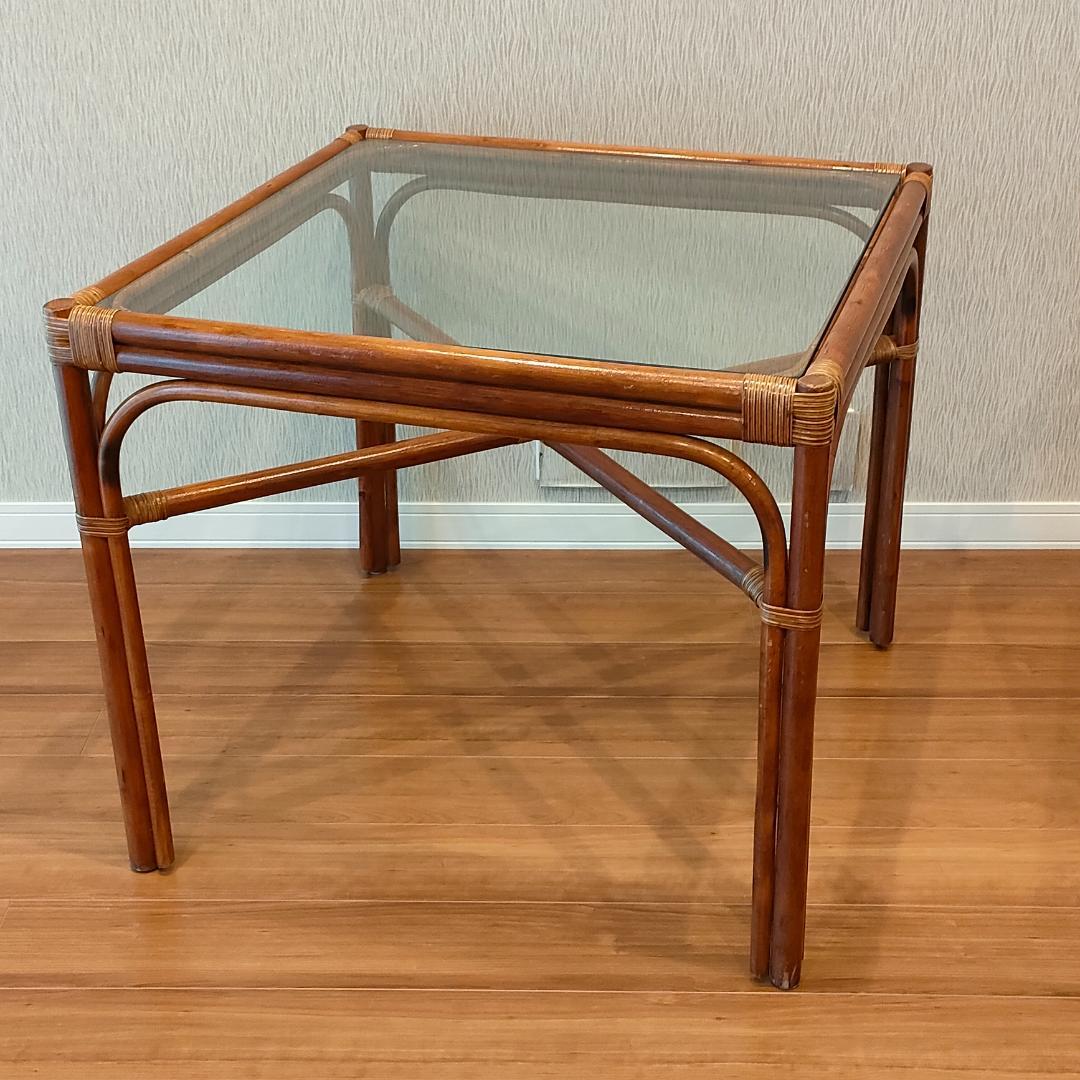 ビンテージラタン　ダイニングテーブルセット　ガラステーブル　椅子2脚付き