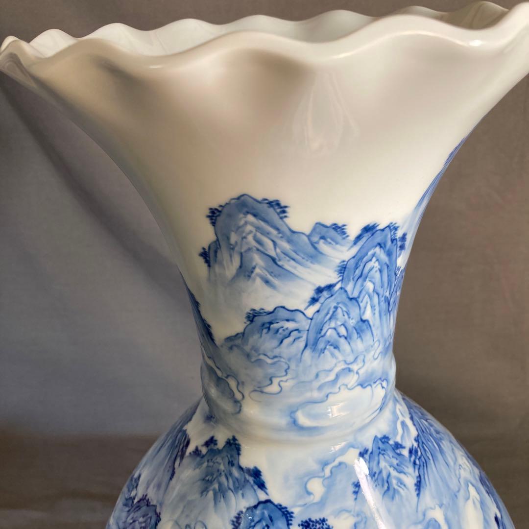 【彌左衛門】古伊万里の伝統　日本の名窯　松本彌左衛門作　染付廻り山水絵　大花瓶