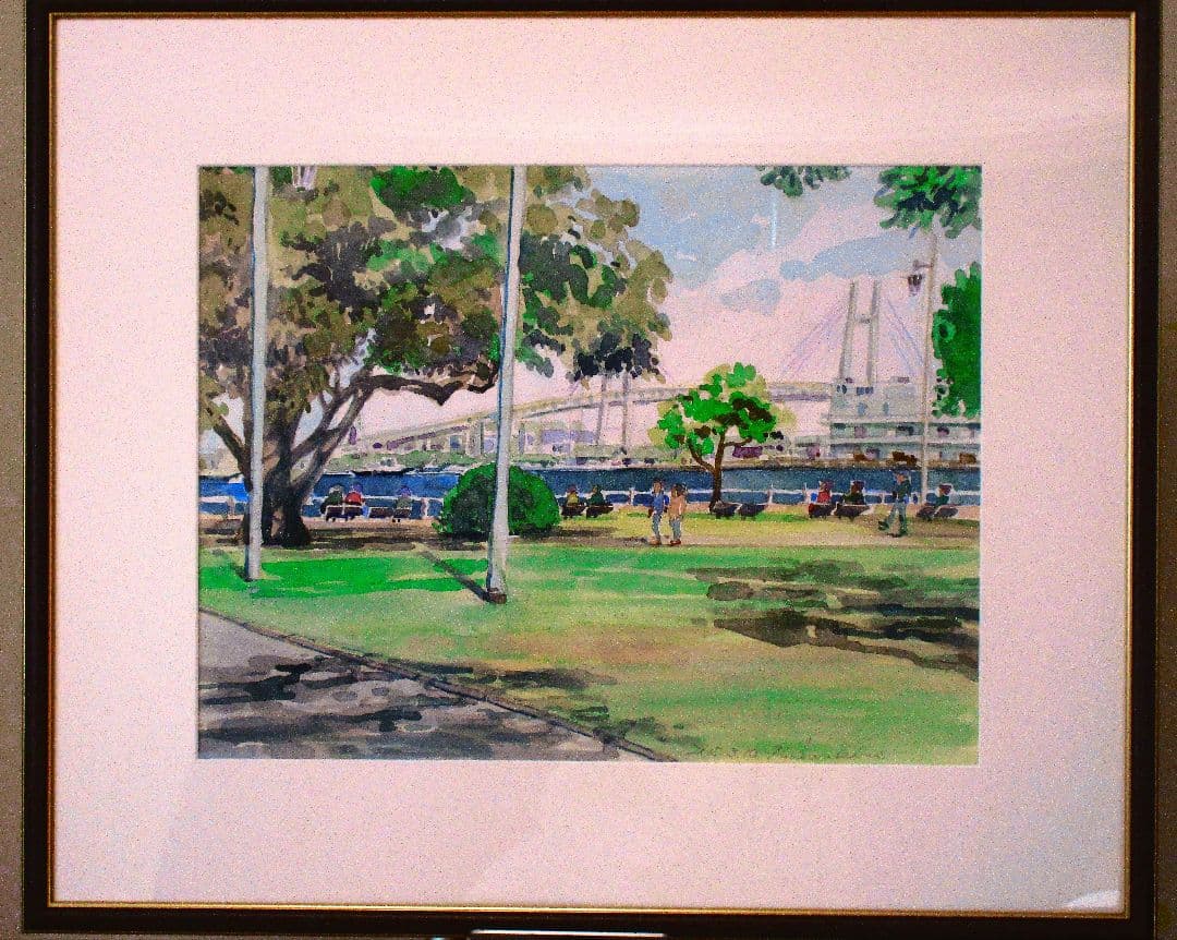 山下公園からベイブリッジの風景 水彩画 額装済み F6サイズ