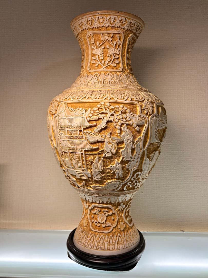 堆朱銅胎飾り花瓶 中国美術 山水楼閣 花鳥唐草 花瓶 骨董品 説明文