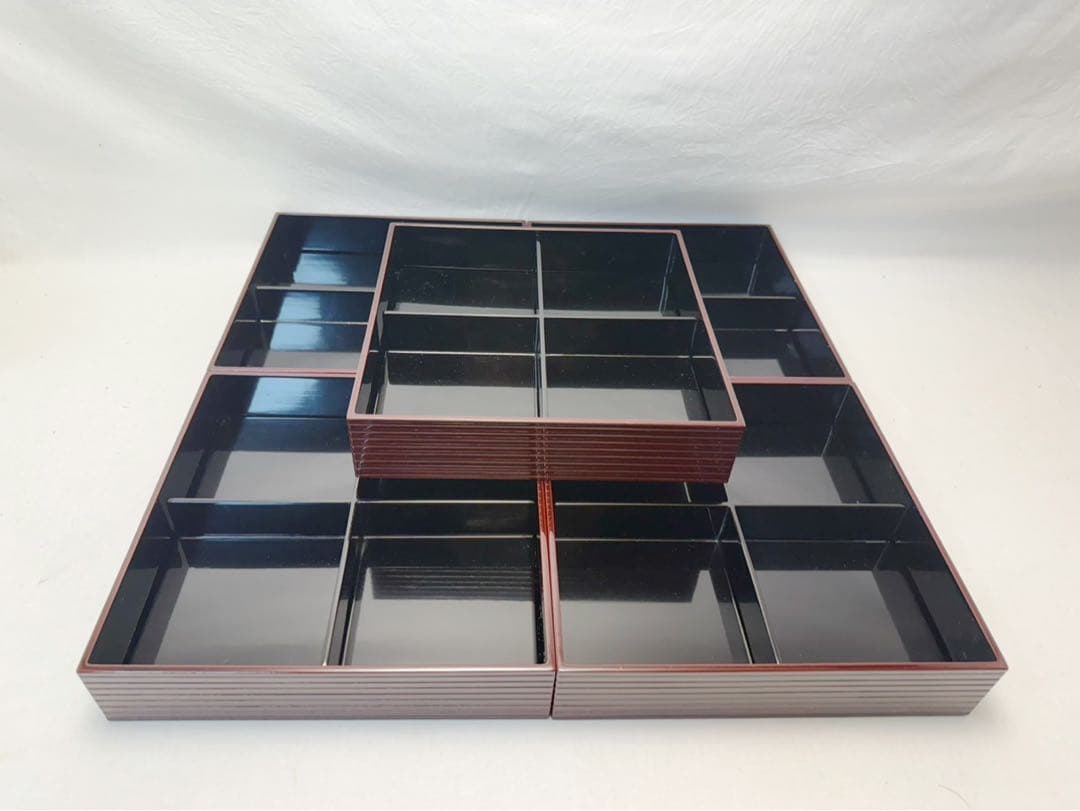 懐石道具 浅己造 輪島塗 木製溜塗 幕の内 縁高重箱 五客揃 内黒 底印 共箱