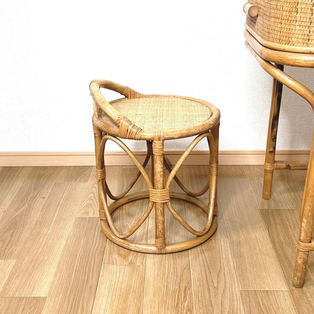 良品】 ラタン ドレッサー 鏡台 化粧台 スツール付き 籐家具 古家具 レトロ